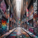 Fototapeta Nowy Jork - Dynamic and Striking Urban Graffiti Art in Metropolitan Backstreets. Thematic Urban Landscape Imagery, City Art, Vivid Wall Paintings, Exploration of Street Murals. Generative AI