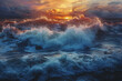 Amazing sunset with foamy sea wave generated by AI