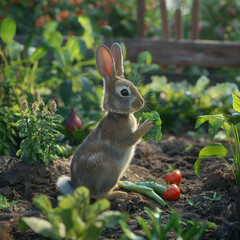 Rabbit in a garden nibbling on fresh vegetables