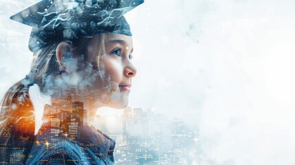 Double exposure portrait of a graduating student with cityscape