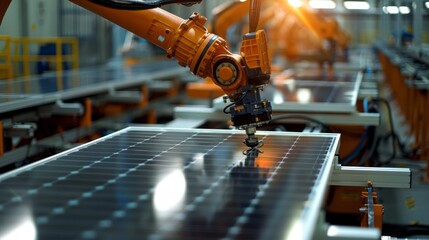 Poster - Orange industrial robot manipulator on the production line at the factory. Automated production of solar panels on the conveyor. High Technologies, the Future, concepts.