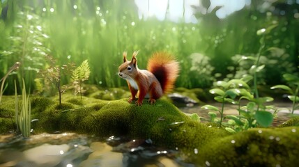 3d render of a red squirrel sitting on a green moss in the forest