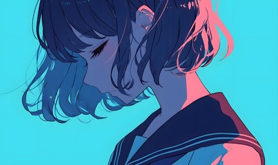 Wall Mural - anime style. Beautiful girl wearing a sailor suit on a simple one color background, Generative AI 