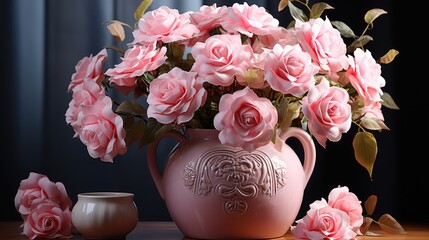 Poster - Gorgeous fresh pink roses stand in a pink large porcelain vase on the table.