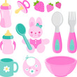 Baby girl food eating utensils set. Spoon and fork for babies, tableware set with milk bottles. Dishware, and bib for baby and toddler eating solid food. Vector illustration collection
