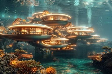 Wall Mural - A futuristic underwater city with many buildings and a lot of lights