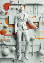 A man in a suit is floating in the air in front of a wall of circles