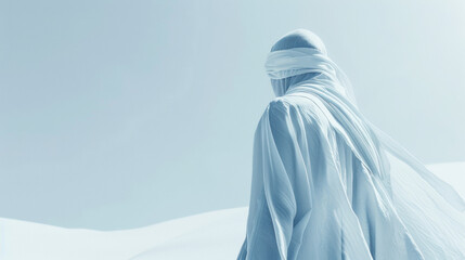 Wall Mural - A man wearing a white robe and a white scarf is walking on a snowy field