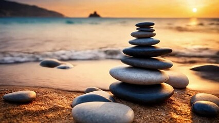 Wall Mural - Zen stones on the beach near sea, blurred background, warm sunset light