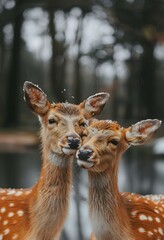 Wall Mural - Two deer in Nara Park, Japan kissing each other, with cute and happy expressions, in the style of National Geographic photography