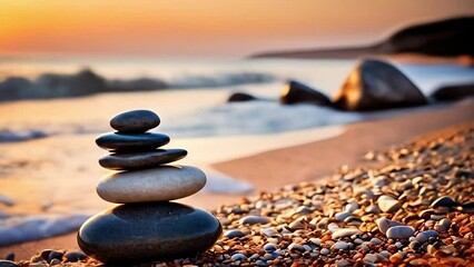 Wall Mural - Zen stones on the beach near sea, blurred background, warm sunset light