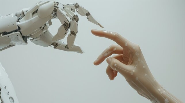 Close-up of a cyborg's robotic arm pointing at a human hand with an outstretched index finger on a white background. High Technology, the future of the concept.