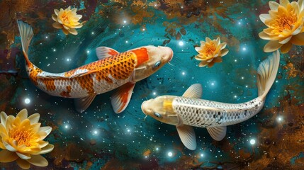 Wall Mural -   Two koi fish swim in a pond filled with clear water Below, yellow flowers bloom on the pond floor