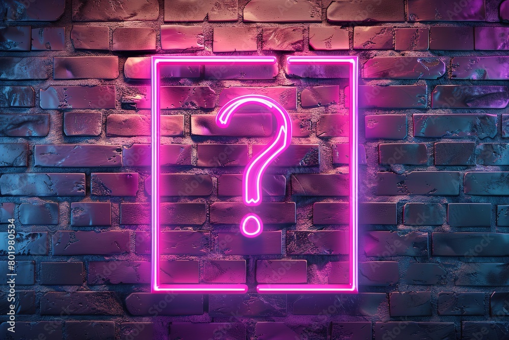 Blue glowing outline neon question mark or sign on brick wall ...