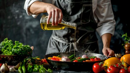 Sticker - Chef prepairs a colorful vegetable stir-fry in rustic kitchen. Olive oil pouring into skillet. Healthy cooking at home concept with fresh ingredients. AI