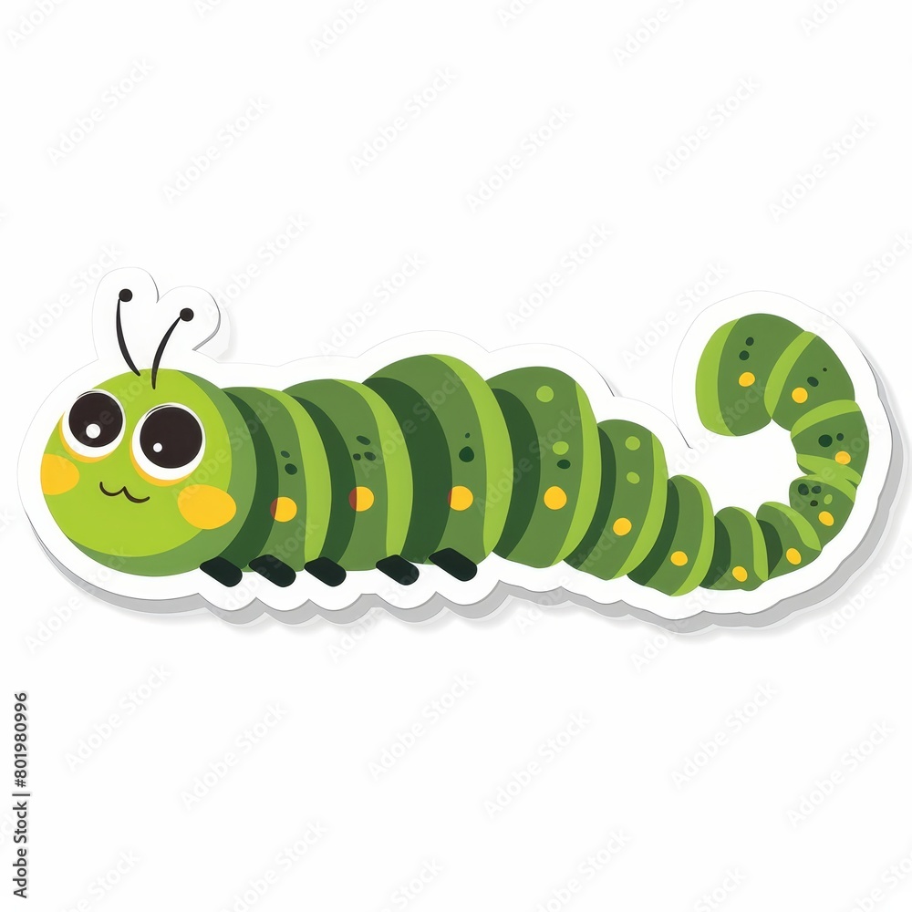 A green caterpillar sticker with yellow spots along its body and a ...