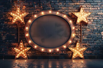 Round frame with light bulbs against a vintage brick wall.