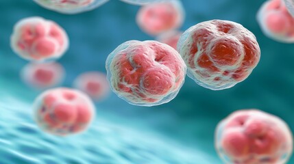 Wall Mural -   A collection of red and white balls suspended in a blue aquatic environment populated by white and red blood cells