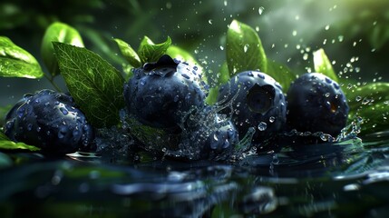 Canvas Print -   A cluster of blueberries bobbing atop a still body of water, surrounded by submerged leaves along the edge