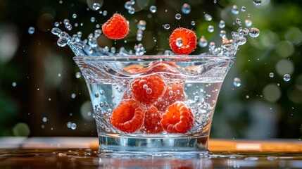 Poster -   A glass bowl holds water, with raspberries floating atop it Nearby rests a wooden table, and a green, leafy tree stands beside it