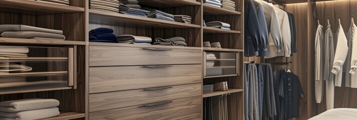 Wall Mural - Closet with towels and other clothes in modern dressing room interior