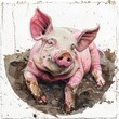   A painting of a pig lying in the mud, with its head rested on one side