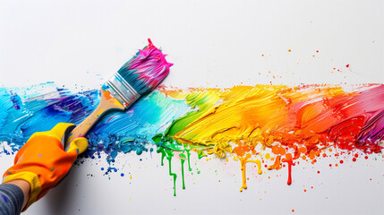 Poster - A person is painting a rainbow on a wall with a brush. The colors are bright, vibrant, creating a cheerful atmosphere. Hand holding paint brush with rainbow color paint splash on white wall background