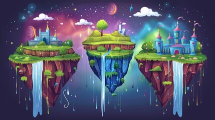 Poster - Castle on a floating island with waterfalls, a fairy tale castle building, and a glittering Aurora sky. Modern cartoon illustration of a castle floating in the night sky, green grass and stones,