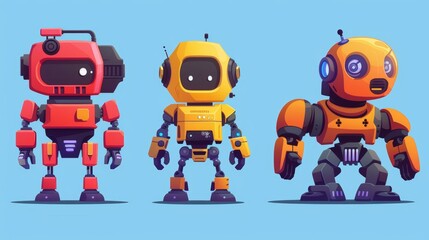 Poster - Modern cartoon illustration of the level evolution of an AI robot character through game tech. Future timeline and computer technology for exoskeleton programming. Intelligent humanoid companion