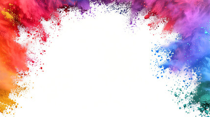 A colorful explosion of paint splatters on a white background. colors are vibrant, the splatters, a sense of energy. frame border with copy space of colorful rainbow holi paint color powder explosion