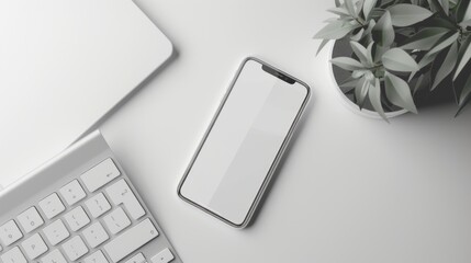 Poster - A white phone sits on a table next to a keyboard