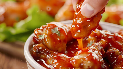 Sticky chicken with red hot dip