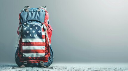 A vibrant depiction of an American flag on a backpack, symbolizing the journey of an adventurer exploring the vast landscapes of America, plain background