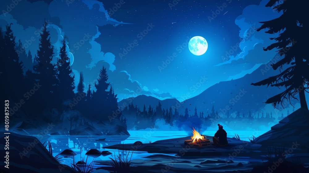 Illustration Stock The image shows a man standing near a fire in a ...