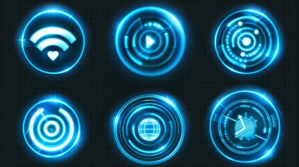 Wall Mural - Blue radio waves radial symbol isolated on transparent background. Modern representation of wifi connection, sound spread, pulse effect, vibration frequency, radar area.