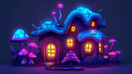 Wall Mural - In this fairytale cartoon forest house cartoon modern, a neon light glows in the corner of a fairy tale magic building with mushrooms isolated on a wooden log. It represents a cottage for an elf or