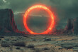 Glowing red ring in desert landscape at twilight