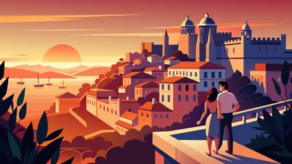 Wall Mural - Romantic Sunset Over Coastal European Town Illustration