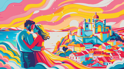 Wall Mural - Romantic Sunset Embrace at a Coastal Castle