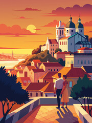 Wall Mural - Romantic Couple Enjoying Sunset View Over Historic Coastal Town