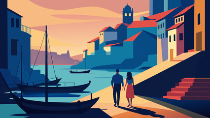 Wall Mural - Romantic Sunset Stroll by the Mediterranean Seaside Village