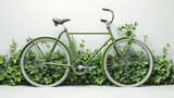 Fototapeta Panele - Green bicycle surrounded by lush plants in a serene setting