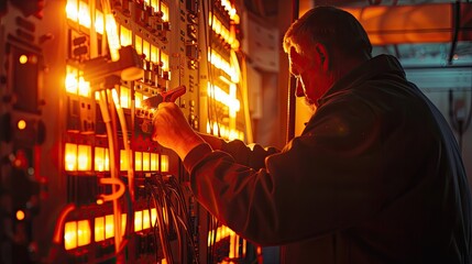 Wall Mural - a male electrician fixes a problem in an electrical panel