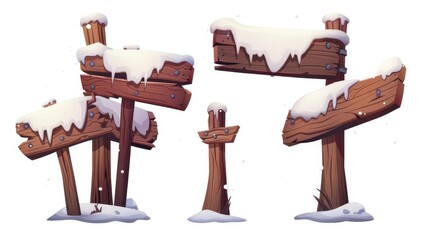 Wall Mural - Winter signpost board set with snowy cap on white pillar. Christmas timber travel guide for destination label illustration.