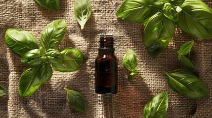 Wall Mural - basil essential oil on burlap background