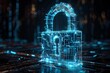 A glowing blue wireframe padlock hologram with intricate neon patterns adorns a dark, isolated background, symbolizing online security.