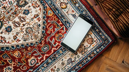 Poster - A phone is laying on a rug next to a pillow
