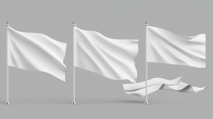Wall Mural - Mockup of a white pennant flag sign on a clear rectangular sport flagpole set. Cotton textile graphic template with giant waves.