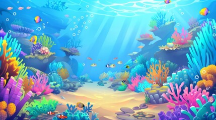 Wall Mural - A seabed with bright seaweeds, corals and swimming fishes. Modern illustration of a seabed or aquarium with wild marine life. A panoramic scene with a fantasy aquatic environment.