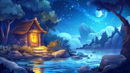Wall Mural - Old wooden house against night river landscape. Modern cartoon illustration of a shabby hut with yellow lights, near lake water, tall trees, bushes, huge stones under a dark sky dotted with stars.